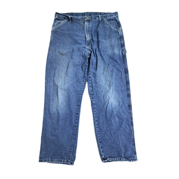 Wrangler Jeans Carpenter Men's 36x30 Blue Denim Pockets Pants Distressed - Picture 1 of 10